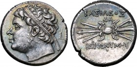 Sicily, Syracuse AR 10 Litrai. Time of Hieronymos, circa 215-214 BC. Diademed head to left; thunderbolt behind / BAΣIΛEΩΣ IEPΩNYMOY, winged thunderbol...