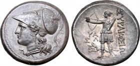 Sicily, Syracuse AR 12 Litrai. Time of the Fifth Democracy, circa 214-212 BC. Head of Athena to left, wearing crested Corinthian helmet decorated with...