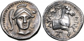 Kings of Paeonia, Audoleon AR Tetrobol. Uncertain Paeonian mint (Astibos or Damastion?), circa 300-286 BC. Head of Athena facing, wearing triple-crest...