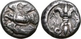 Elis, Olympia AR Stater. 78th-82nd Olympiads, circa 460 BC. Eagle flying to left, with snake in its beak / Upright thunderbolt, with wings above and v...