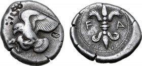Elis, Olympia AR Stater. 78th-82nd Olympiads, circa 460s-450s BC. Eagle flying to left with both wings above body, grasping a hare by the belly with i...