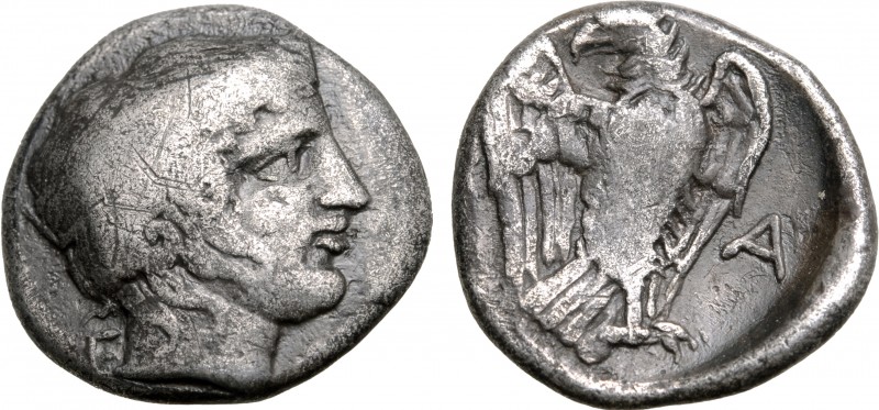 Elis, Olympia AR Hemidrachm. Hera mint, 103rd Olympiad = 368 BC. Head of Hera to...