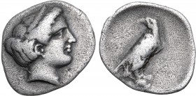 Elis, Olympia AR Hemidrachm. Hera mint, 106th-107th Olympiad, 356-352 BC. Head of Hera to right, wearing stephane / Eagle standing to right on rock, w...