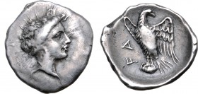 Elis, Olympia AR Hemidrachm. Hera mint, circa 345-340 BC. Head of the nymph Olympia to right, wearing triple-pendant earring / Eagle standing to left,...