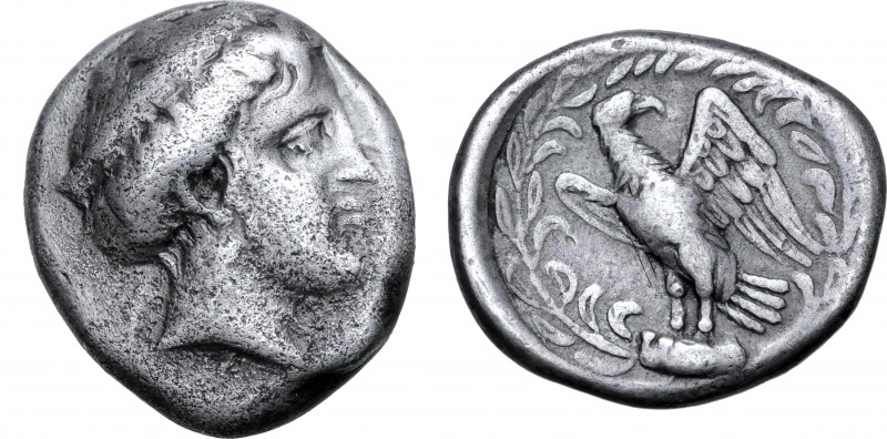 Elis, Olympia AR Stater. Hera mint, 111th Olympiad = 336 BC. Head of Hera to rig...