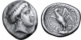Elis, Olympia AR Stater. Hera mint, 111th Olympiad = 336 BC. Head of Hera to right, wearing pendant earring and stephane inscribed [FAΛEIΩN]; F behind...