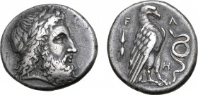 Elis, Olympia AR Stater. 112th Olympiad = 332 BC. Laureate head of Zeus to right / Eagle with wings closed standing to right on the tail of a serpent ...