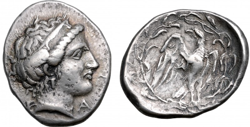 Elis, Olympia AR Stater. 114th Olympiad = 324 BC. Head of Hera to right, wearing...