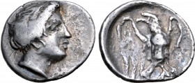 Elis, Olympia AR Hemidrachm. Hera mint, circa 320s BC. Head of the nymph Olympia to right, her hair rolled / Eagle standing facing with open wings and...