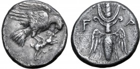 Elis, Olympia AR Drachm. 134th-143rd Olympiads, circa 244-208 BC. Eagle flying to right with both wings above body, grasping a hare by the back with i...
