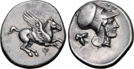 Corinthia, Corinth AR Stater. Circa 400-375 BC. Pegasos flying to right, Ϙ below / Head of Athena to right, wearing Corinthian helmet; [Θ]YƎ above, do...