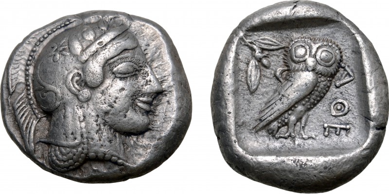 Attica, Athens AR Tetradrachm. Circa 470-465 BC. Archaic head of Athena to right...