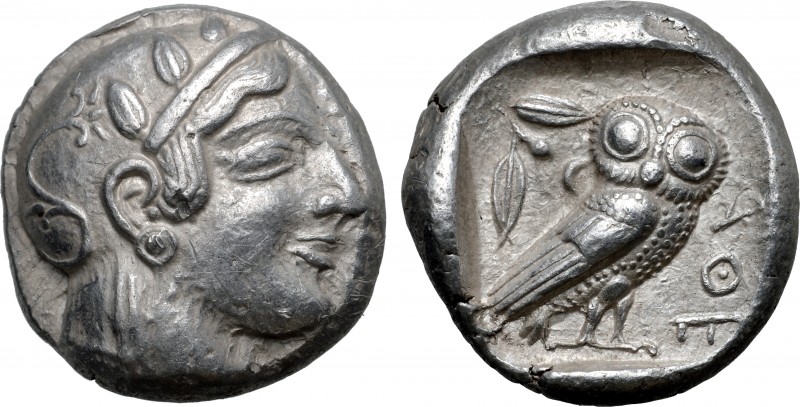 Attica, Athens AR Tetradrachm. Circa 470-465 BC. Head of Athena to right, wearin...