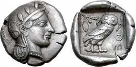Attica, Athens AR Tetradrachm. Circa 460-454 BC. Late "transitional" issue. Head of Athena to right, wearing crested Attic helmet ornamented with thre...