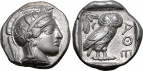 Attica, Athens AR Tetradrachm. Circa 454-404 BC. Head of Athena to right, wearing crested Attic helmet ornamented with three olive leaves above visor ...