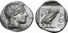 Attica, Athens AR Tetradrachm. Circa 454-404 BC. Head of Athena to right, wearing crested Attic helmet ornamented with three olive leaves above visor ...