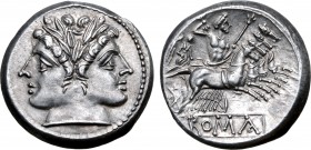 Anonymous AR Didrachm (Quadrigatus). Uncertain mint, 225-214 BC. Laureate head of Janus / Jupiter, holding sceptre and brandishing thunderbolt, in qua...