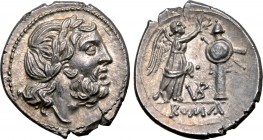 Anonymous AR Victoriatus. VB series. Uncertain mint, 211-208 BC. Laureate head of Jupiter to right / Victory standing to right, crowning trophy with w...