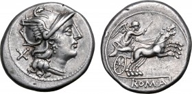 Anonymous AR Denarius. Rome, circa 157/6 BC. Helmeted head of Roma to right; X (mark of value) behind / Victory driving galloping biga to right, holdi...