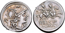 L. Cupiennius AR Denarius. Rome, 147 BC. Helmeted head of Roma to right; cornucopiae behind, X below chin / The Dioscuri, each holding spear, riding t...