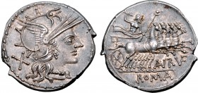 Aurelius Rufus AR Denarius. Rome, 144 BC. Helmeted head of Roma to right; X (mark of value) behind / Jupiter driving galloping quadriga to right, hold...