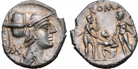 Ti. Veturius AR Denarius. Rome, 137 BC. Helmeted and draped bust of Mars to right; TI•VET (ligate) downwards and X behind / Two soldiers facing each o...