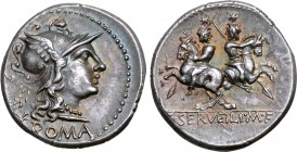 C. Servilius M. f. AR Denarius. Rome, 136 BC. Helmeted head of Roma to right; wreath above XVI monogram behind, ROMA below / The Dioscuri riding in op...