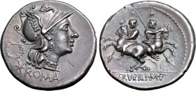 C. Servilius M. f. AR Denarius. Rome, 136 BC. Helmeted head of Roma to right; wreath above XVI monogram behind, ROMA below / The Dioscuri riding in op...