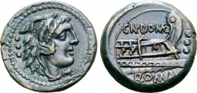 Cn. Domitius Ahenobarbus Æ Quadrans. Rome, 128 BC. Head of Hercules to right, wearing lion skin headdress; ••• (mark of value) behind / Prow of galley...