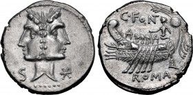 C. Fonteius AR Denarius. Rome, 114-113 BC. Laureate, janiform heads of the Dioscuri, S to left and mark of value to right / Galley to left with three ...