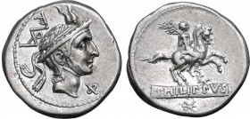 L. Marcius Philippus AR Denarius. Rome, 113-112 BC. Head of Philip V of Macedon to right, wearing diademed royal Macedonian helmet with goat horns; Ro...