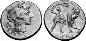 T. Didius AR Denarius. Rome, 113-112 BC. Helmeted head of Roma to right, monogram of ROMA behind, mark of value below / Two gladiators fighting, each ...