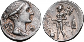 L. Valerius Flaccus AR Denarius. Rome, 108-107 BC. Draped bust of Victory to right; below chin, XVI monogram (mark of value) / Mars advancing to left,...