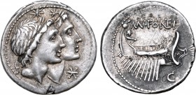 Mn. Fonteius AR Denarius. Rome, 108-107 BC. Laureate and jugate heads of the Dioscuri to right; mark of value before / Galley to right; MN•FONTEI abov...