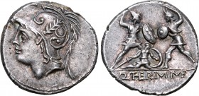 Q. Minucius Thermus M. f. AR Denarius. Rome, 103 BC. Helmeted head of Mars to left / Two warriors in combat, one on left protecting a fallen comrade; ...