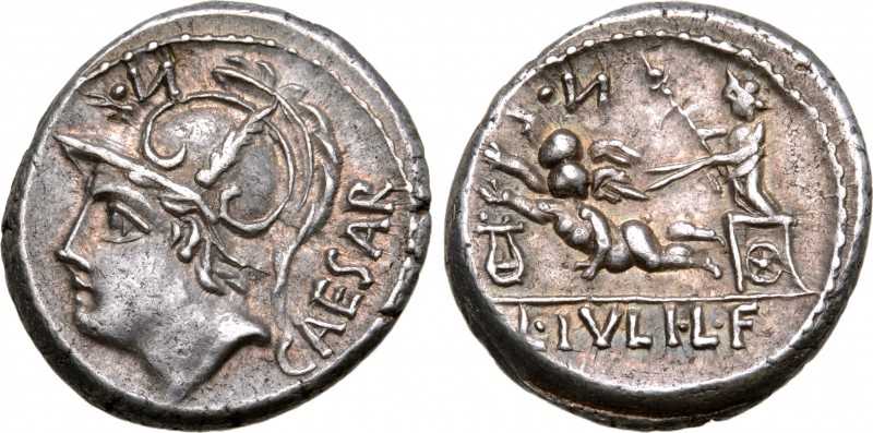 L. Julius L. f. Caesar AR Denarius. Rome, 103 BC. Helmeted head of Mars to right...