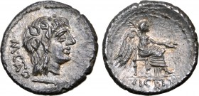 M. Porcius Cato AR Quinarius. Rome, 89 BC. Head of Liber to right, wearing ivy wreath; M•CATO behind, control mark below / Victory seated to right, ho...