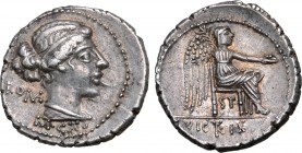 M. Porcius Cato AR Denarius. Rome, 89 BC. Diademed and draped female head to right, ROMA behind, M•CATO below / Victory seated to right, holding pater...
