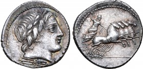 GAR OGVL VER series AR Denarius. Rome, 86 BC. Laureate head of Apollo to right; thunderbolt below / Jupiter driving quadriga to right, holding reins a...