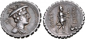 C. Mamilius Limetanus AR Serrate Denarius. Rome, 82 BC. Draped bust of Mercury to right, wearing winged petasos; caduceus and control letter behind / ...