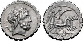 Q. Antonius Balbus AR Serrate Denarius. Rome, 83-82 BC. Laureate head of Jupiter to right; S•C behind / Victory in quadriga to right, holding reins, p...