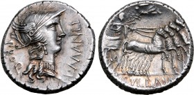 L. Manlius and L. Cornelius Sulla AR Denarius. Military mint travelling with Sulla, 82 BC. Helmeted head of Roma to right; L•MANLI upwards before, PRO...