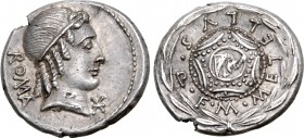 M. Caecilius Q. f. Q. n. Metellus AR Denarius. Rome, circa 82-80 BC. Head of Apollo to right, hair tied with band, ROMA behind, XVI monogram (mark of ...