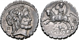 L. Volteius L. f. Strabo AR Serrate Denarius. Rome, 81 BC. Laureate head of Jupiter to right; F behind / Europa seated on bull charging to left, holdi...
