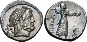 L. Procilius AR Denarius. Rome, 80 BC. Laureate head of Jupiter to right; S•C downwards behind / Juno Sospita advancing to right, hurling spear and ho...