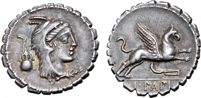 L. Papius AR Serrate Denarius. Rome, 79 BC. Head of Juno Sospita to right, weari...