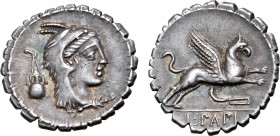 L. Papius AR Serrate Denarius. Rome, 79 BC. Head of Juno Sospita to right, wearing goat's skin; aryballos behind / Griffin springing to right; strigil...