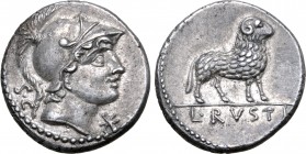 L. Rustius AR Denarius. Rome, 76 BC. Helmeted head of Mars to right; S•C behind, XVI monogram (mark of value) below chin / Ram standing to right; L•RV...