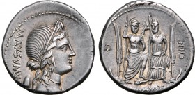 Cn. Egnatius Cn. f. Cn. n. Maxsumus AR Denarius. Rome, 75 BC. Draped bust of Libertas to right, wearing diadem; pileus and MAXSVMVS downwards behind /...