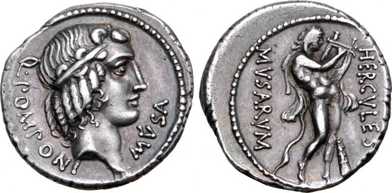 Q. Pomponius Musa AR Denarius. Rome, 66 BC. Diademed head of Apollo to right; Q•...